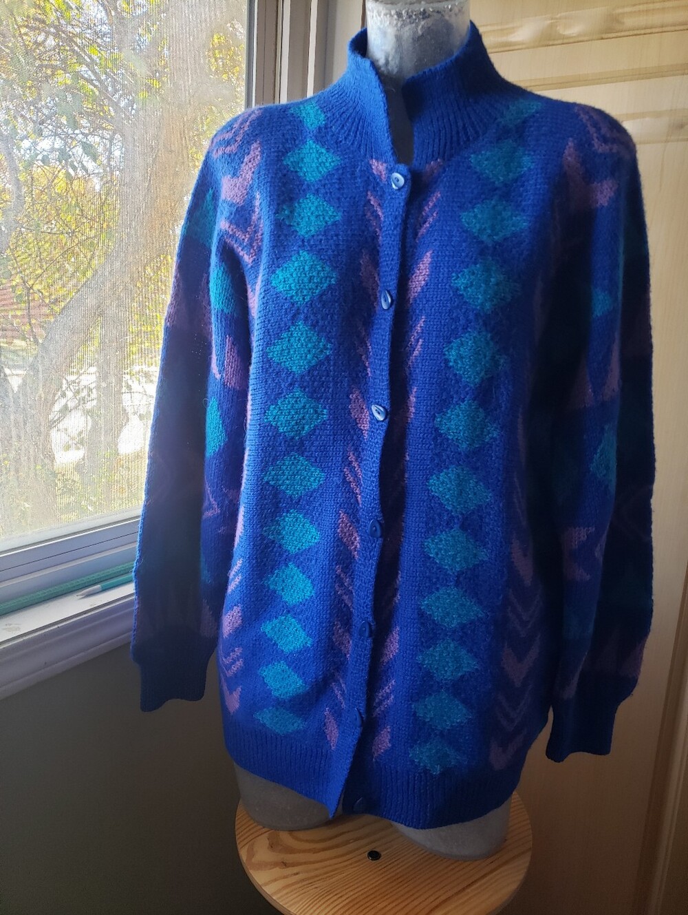 100% Alpaca Handknitwear Blue Patterned Button-Up Women's Sweater Cardigan